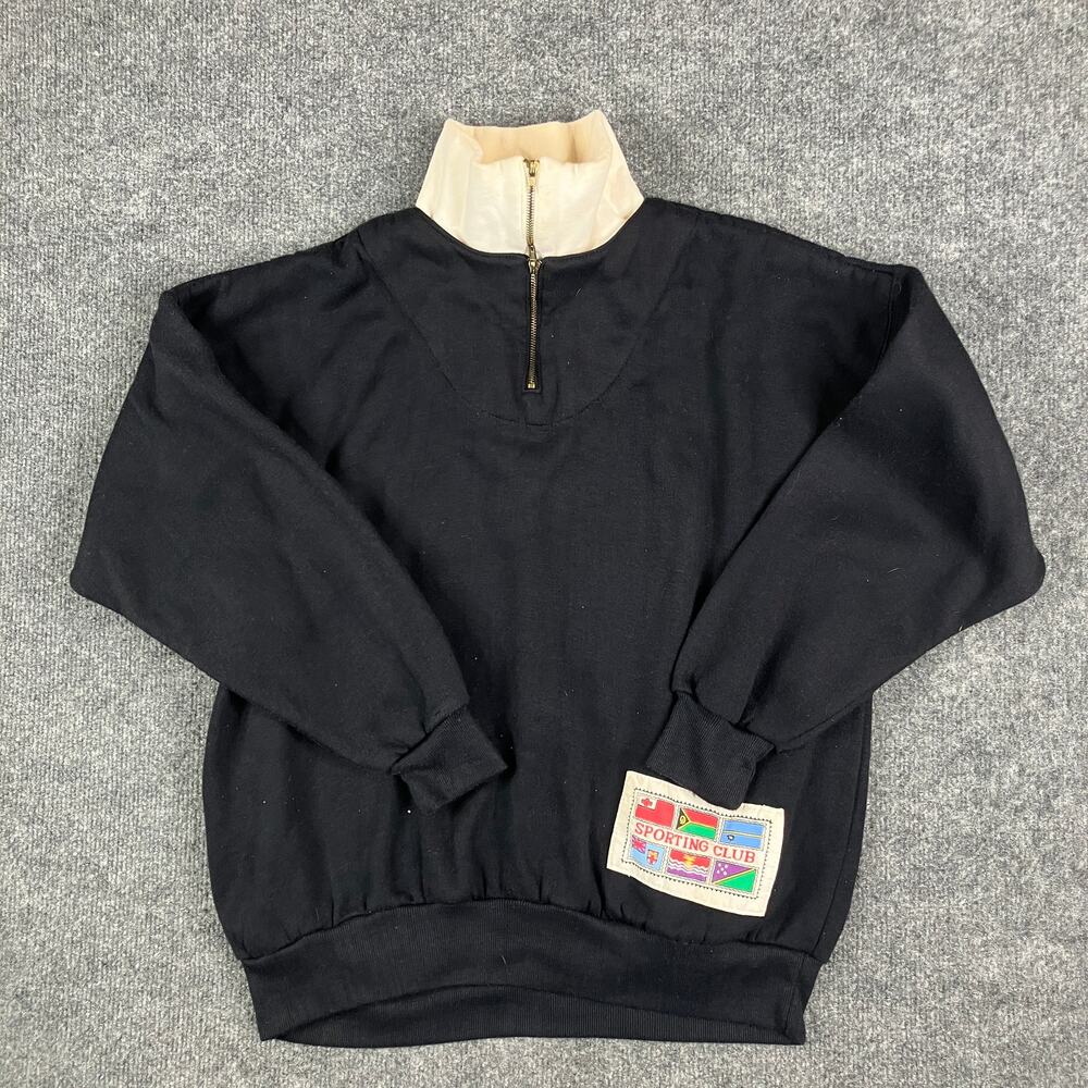 Mister Noah Pullover Womens L Black Beige Half Zip Sporting Club Patch‎ Retro